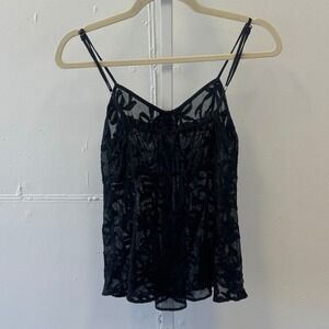 Burning Torch Black Lace Floral Mesh Camisole Top Sheer Adjustable Straps Small